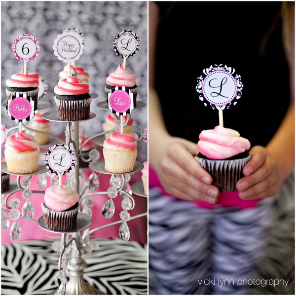 I whipped up some custom cupcake toppers in black white pink damask for 